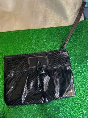 Vera Wang Black Patent Wristlet Clutch with Decorative Padlock